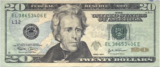 Twenty dollar bill with former US President Andrew Jackson