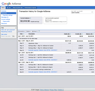 Google AdSense transaction history