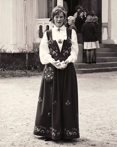 Cousin Anita dressed in a folk costume during her confirmation in Trondheim, Norway
