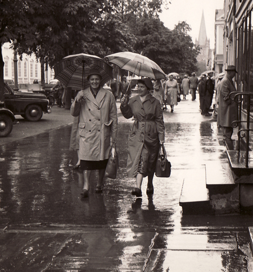 Aunt May and aunt Anna-Lisa  on a shopping round in a rainy Trondheim, Norway