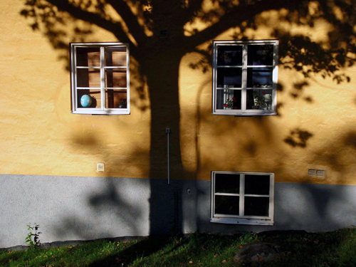 The shadow from a tree falls on a house wall in Stora Essingen, Sweden